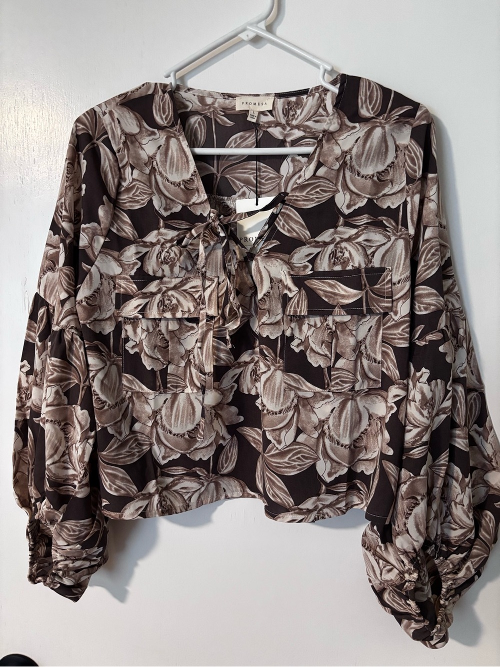 Promesa Brown Floral Tie-Neck Blouse